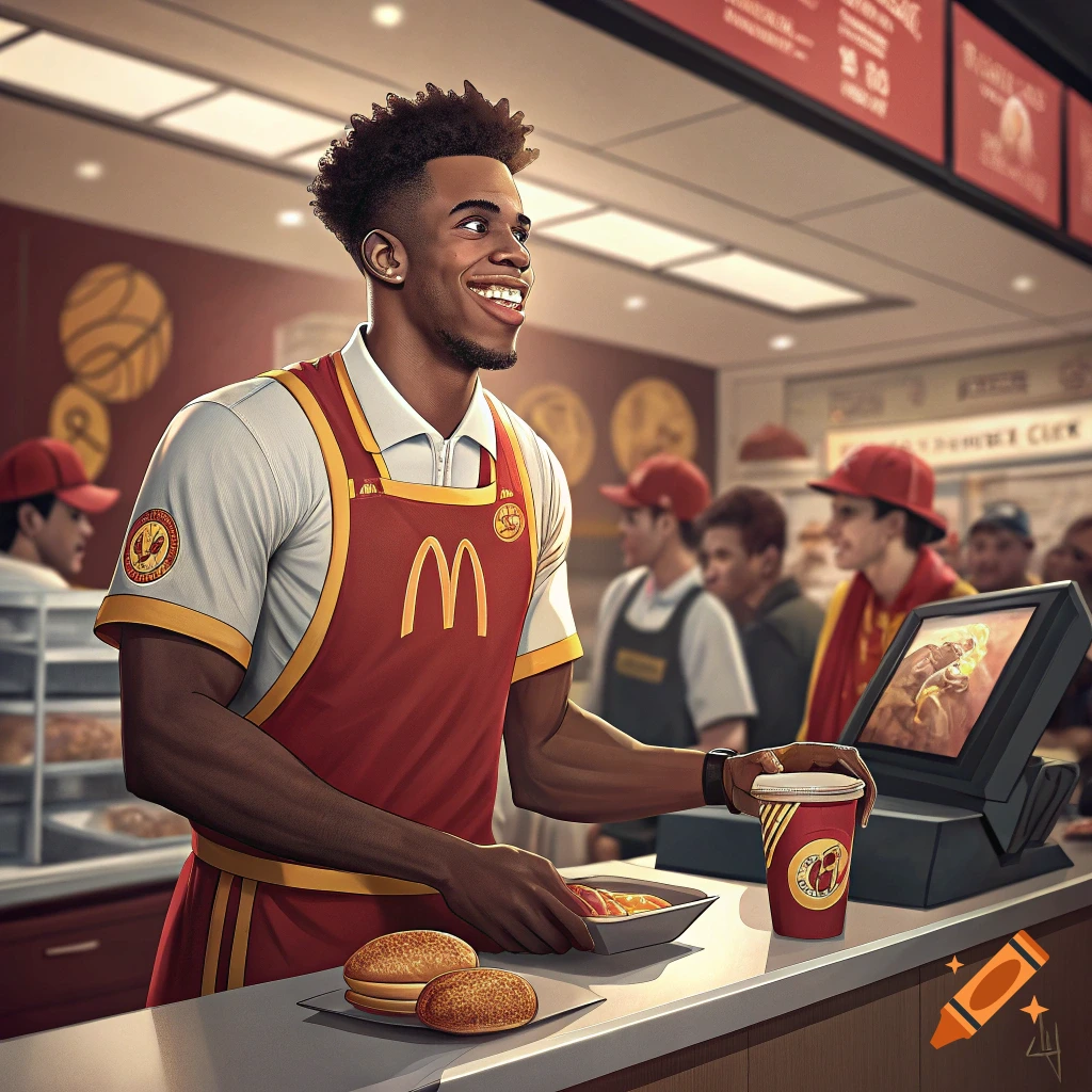 A smiling man in a McDonald's uniform stands behind a counter holding food and drink, rendered in a stylized art style.