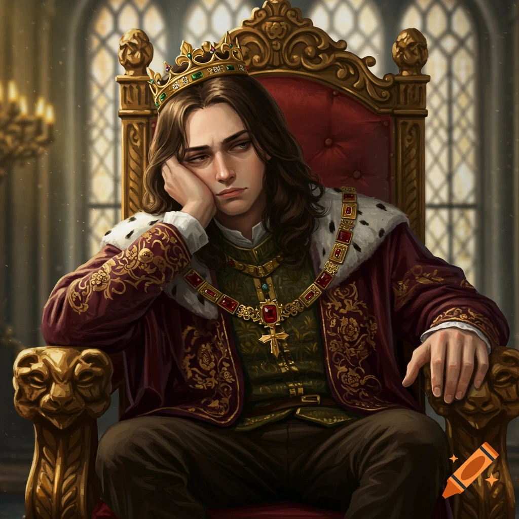 A young, bored king sits on a golden throne.