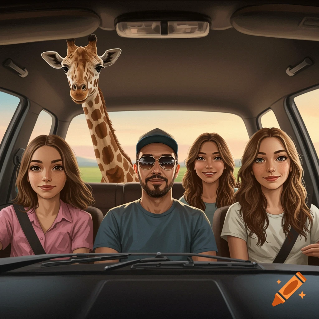 A family and a giraffe are on a road trip in a car.