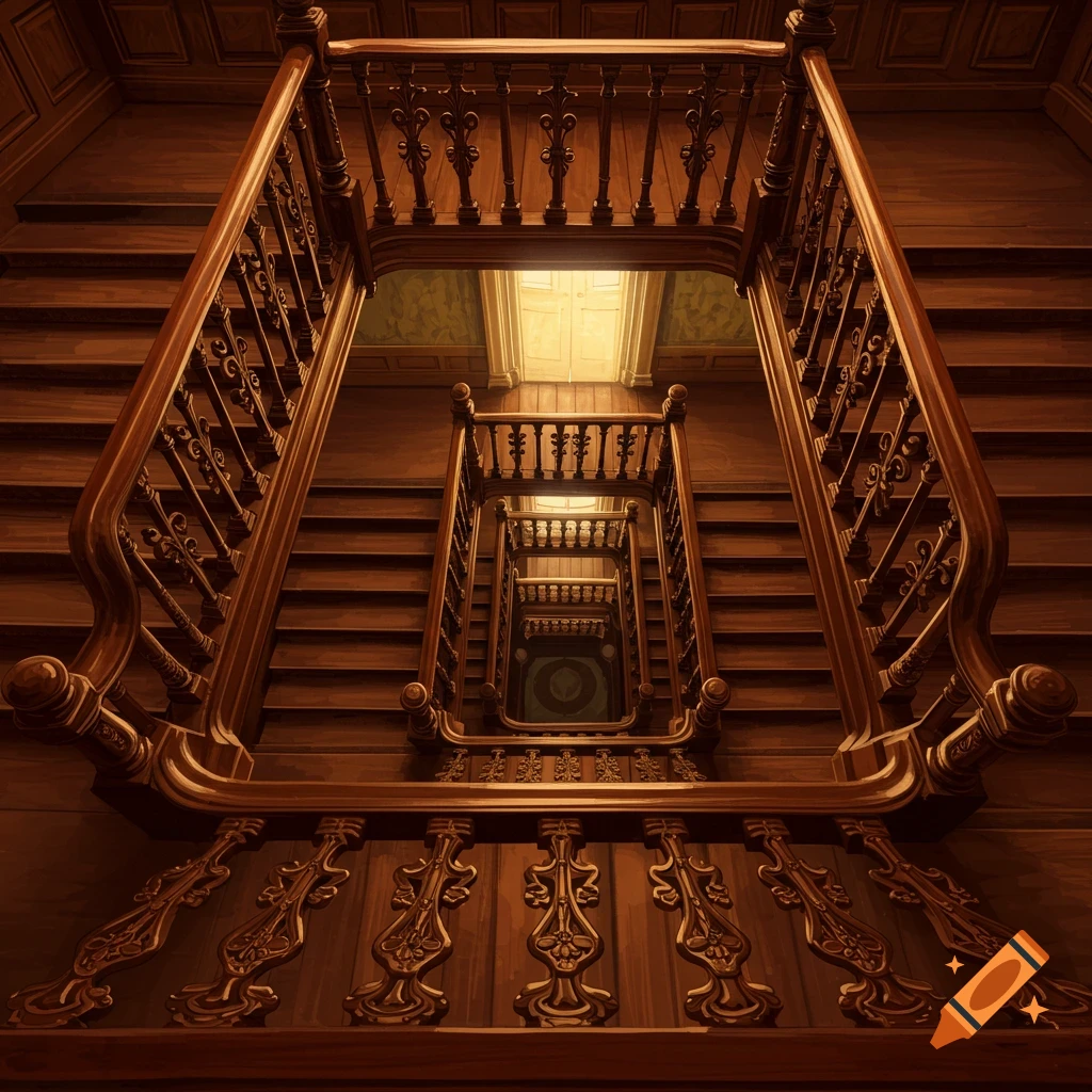Looking down a grand, elaborate wooden staircase.