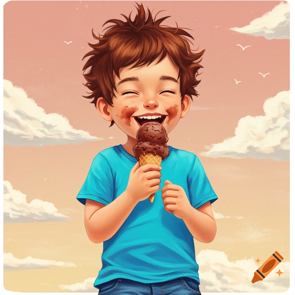 A happy young boy is eating chocolate ice cream, with a messy face, against a summer sky.