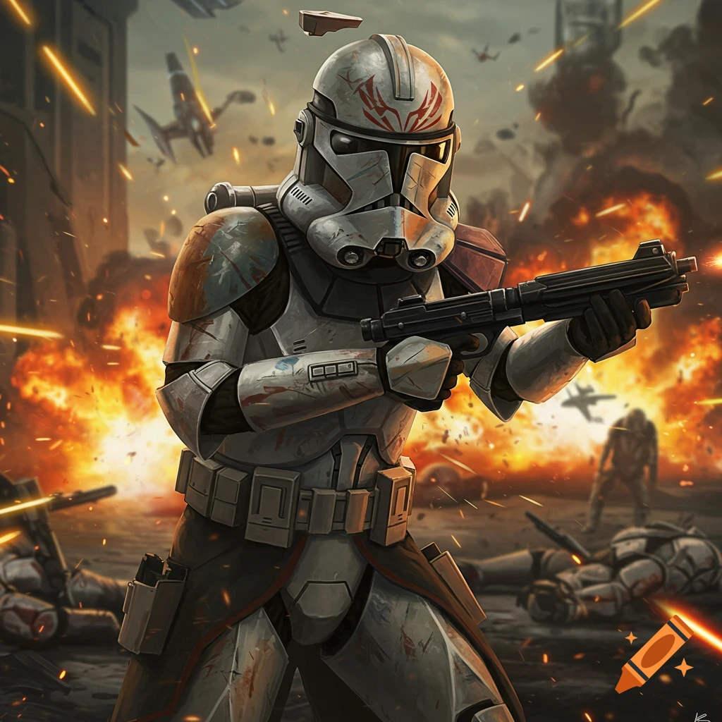 Clone trooper in a battle scene.