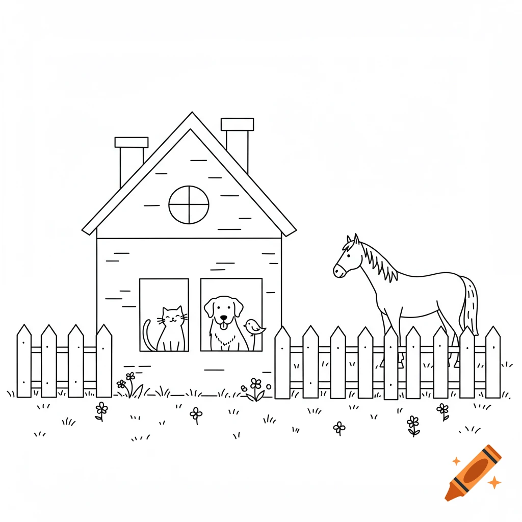 A simple line drawing of a house with a cat, dog, and bird looking out windows, a fence, and a horse.