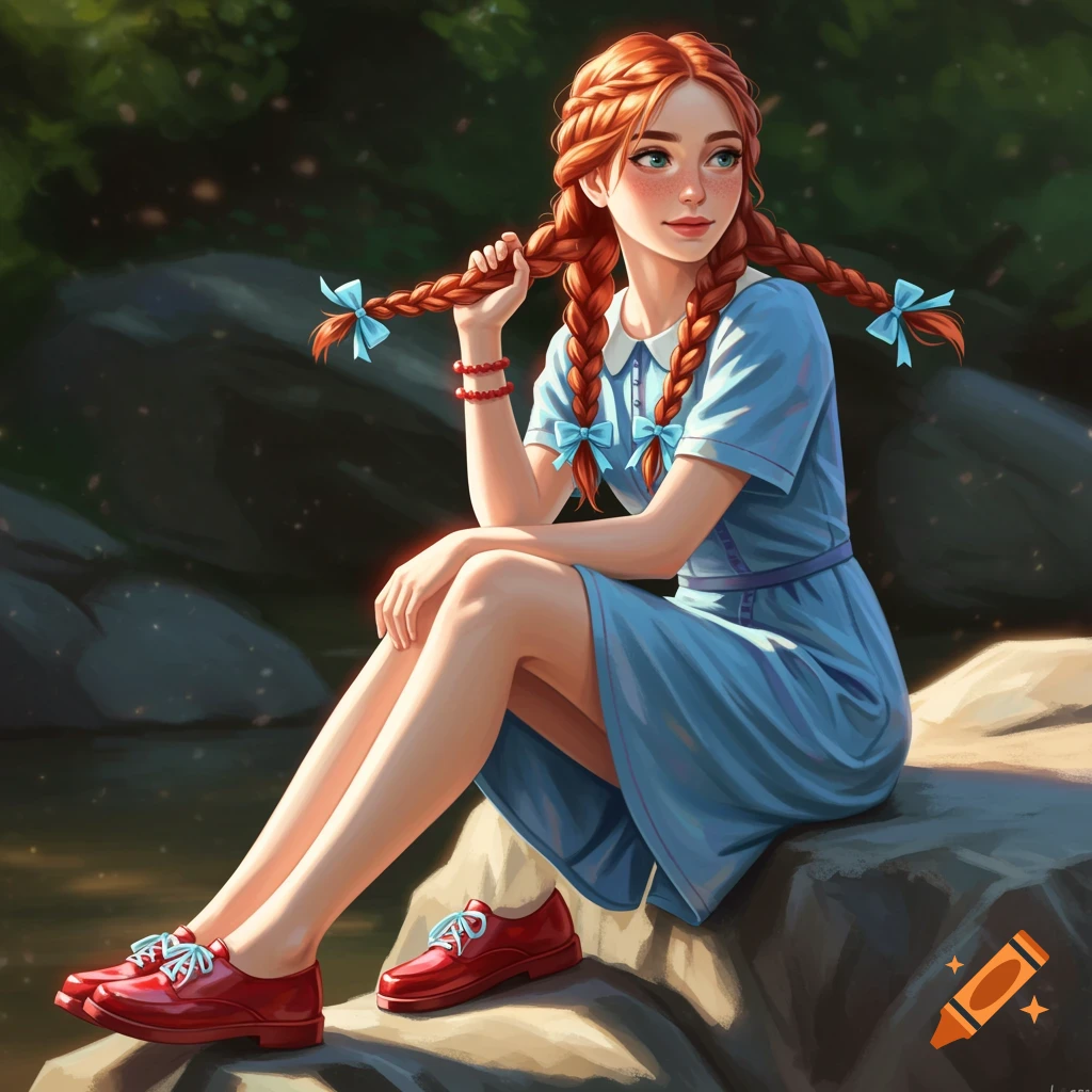 a girl with red hair braids, blue dress, and red shoes sitting on a rock.