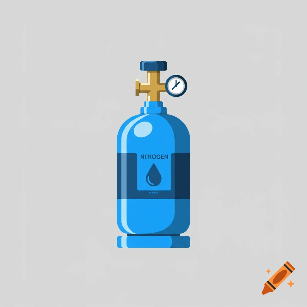 A blue nitrogen cylinder tank with a pressure gauge in a flat illustration style.