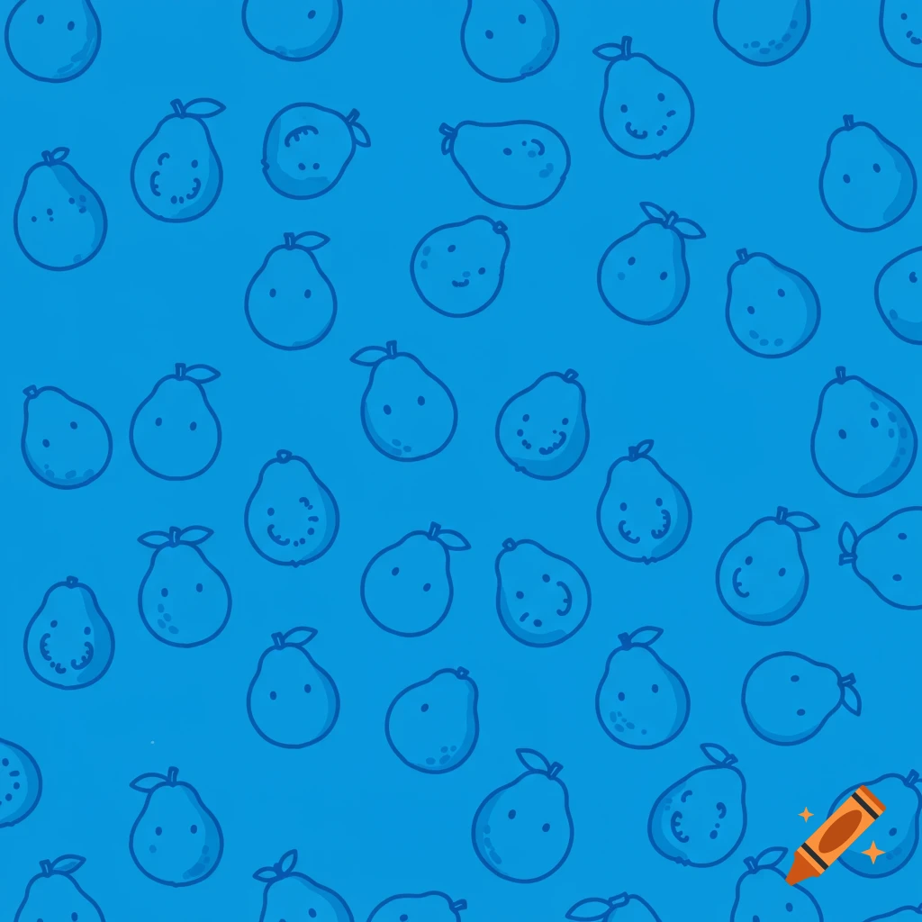 A seamless pattern of blue cartoon pears with simple faces on a solid blue background.