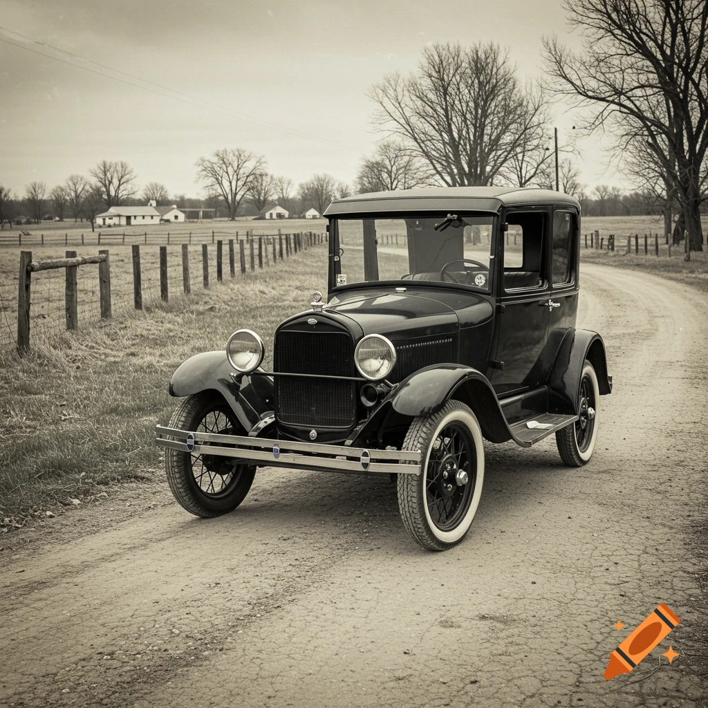 Sepia photo of a Ford Model T on a dirt road in a rural setting.