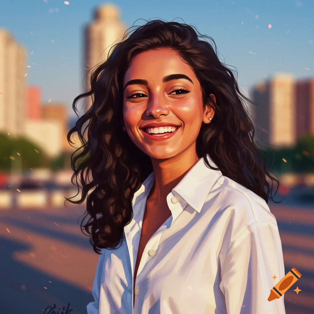 A smiling woman in a white shirt in a city.
