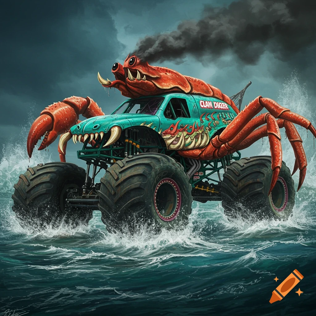 A crab-shaped monster truck with big claws drives through choppy ocean water
