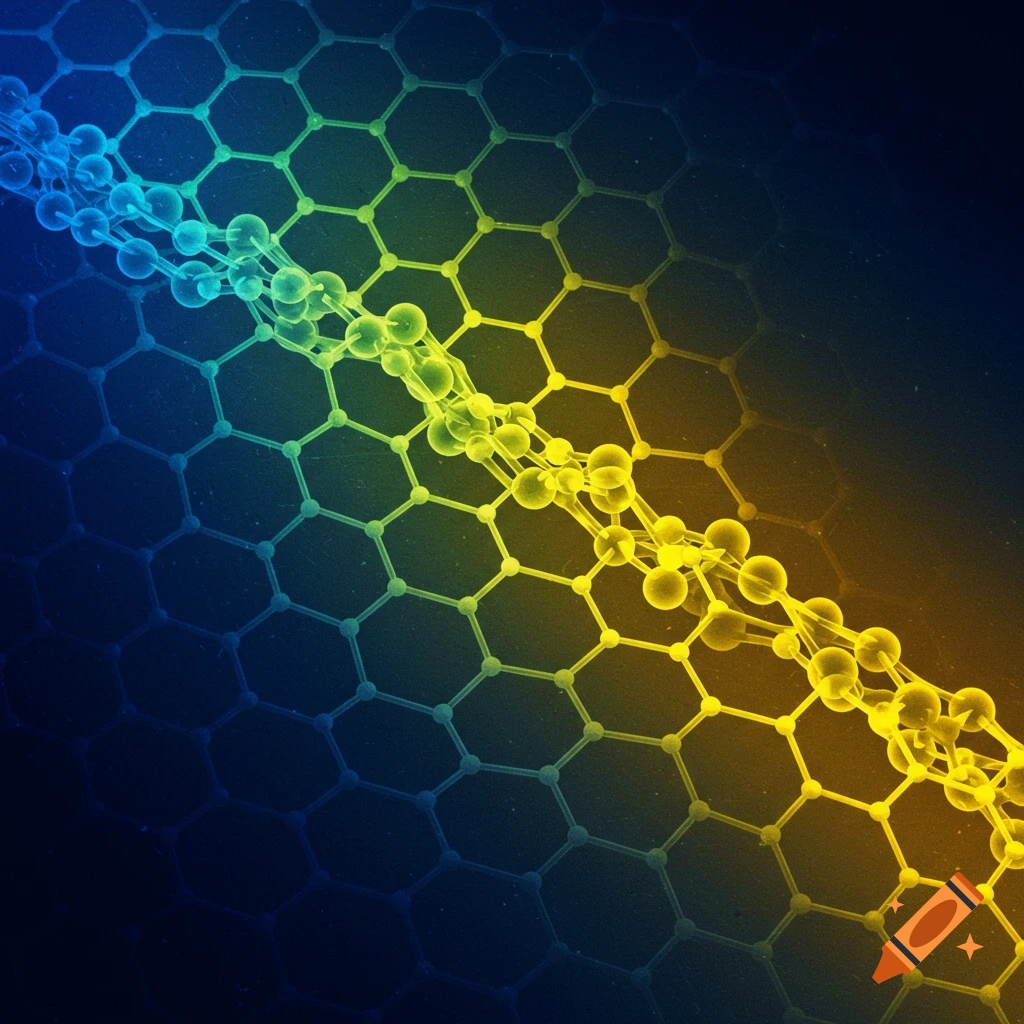 A glowing molecular structure with a hexagonal grid