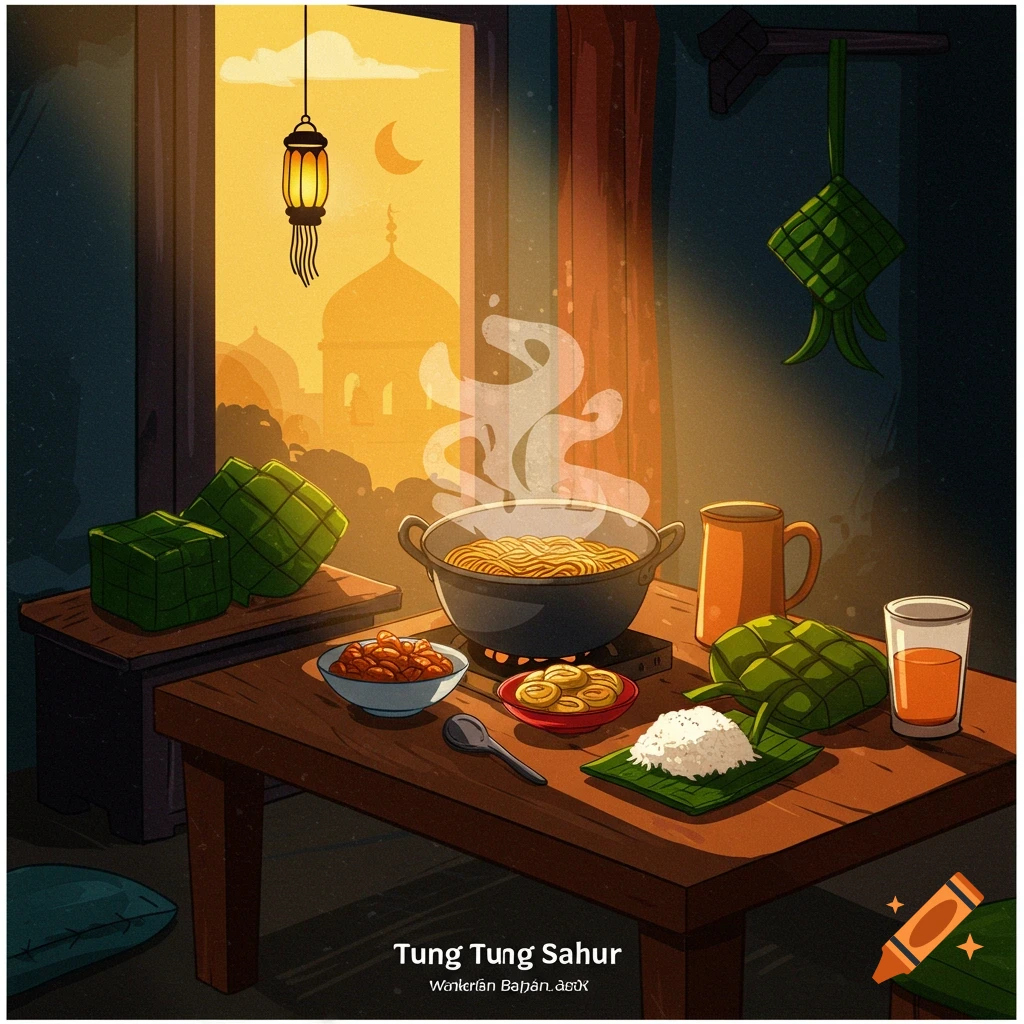 A table is set with food, drinks, and ketupat next to a window with a view of a mosque at sunset.