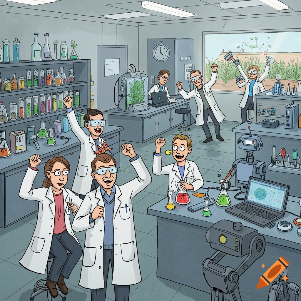 Cartoon illustration of scientists celebrating in a laboratory with beakers and equipment.