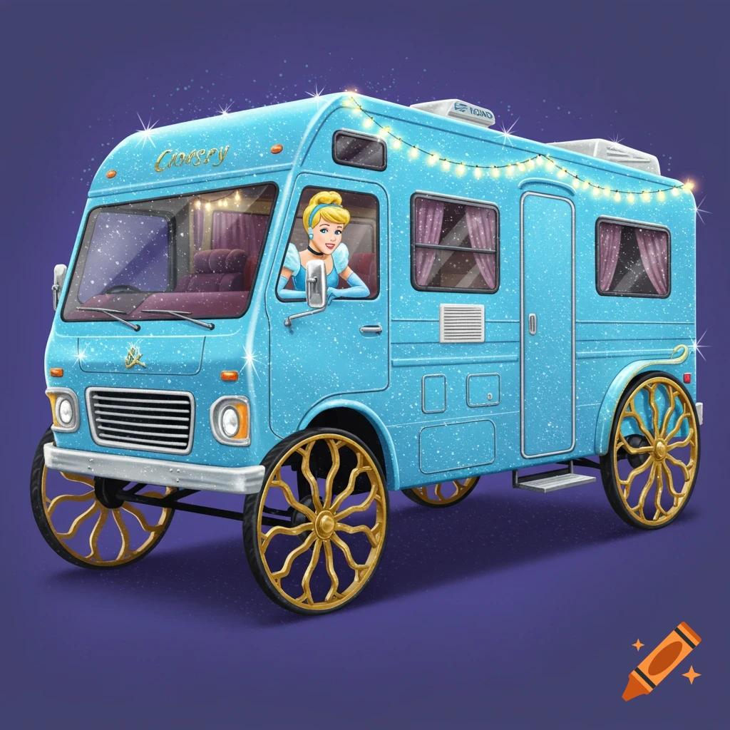 Cinderella in a sparkly blue camper van with gold wheels