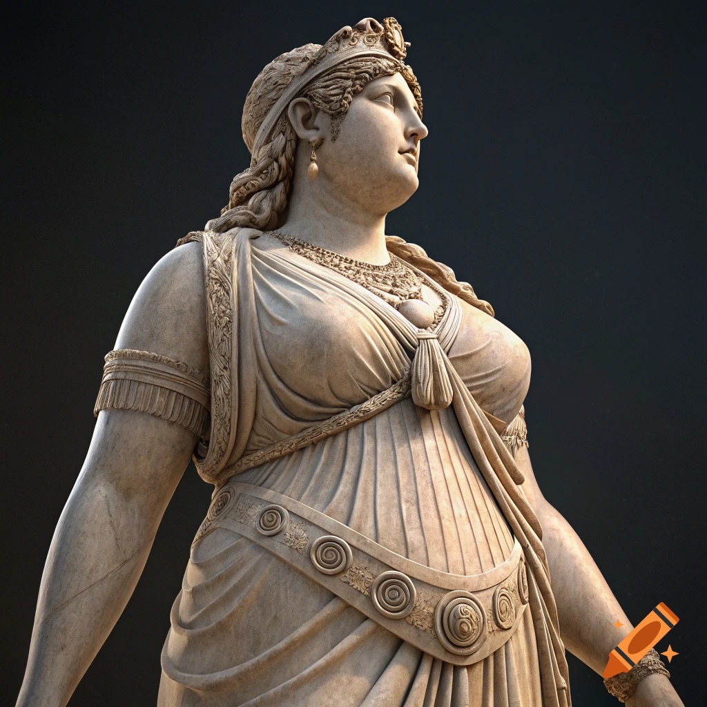 Marble statue of a plus-sized Greek goddess with crown