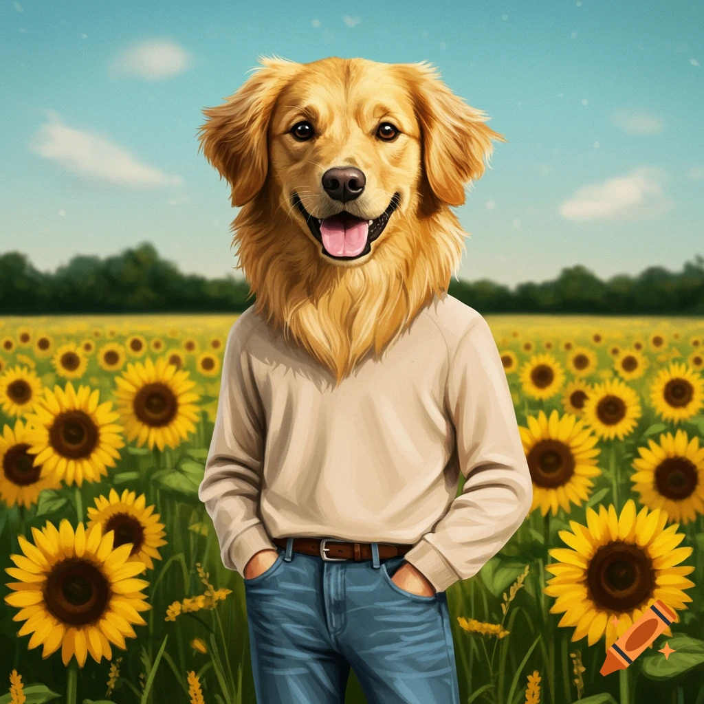 A smiling golden retriever head on a human body standing in a field of sunflowers.
