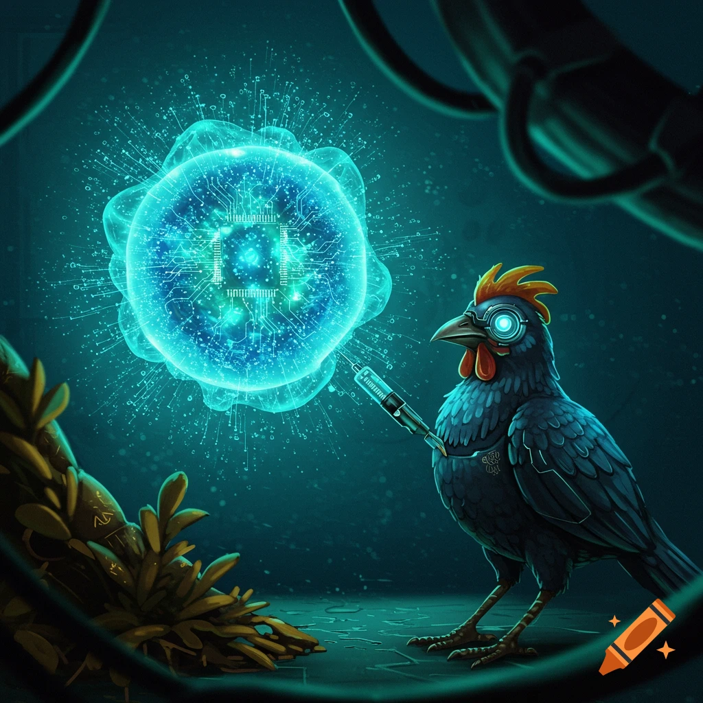 A robotic chicken injects a glowing orb with circuits in a dark sci-fi setting.