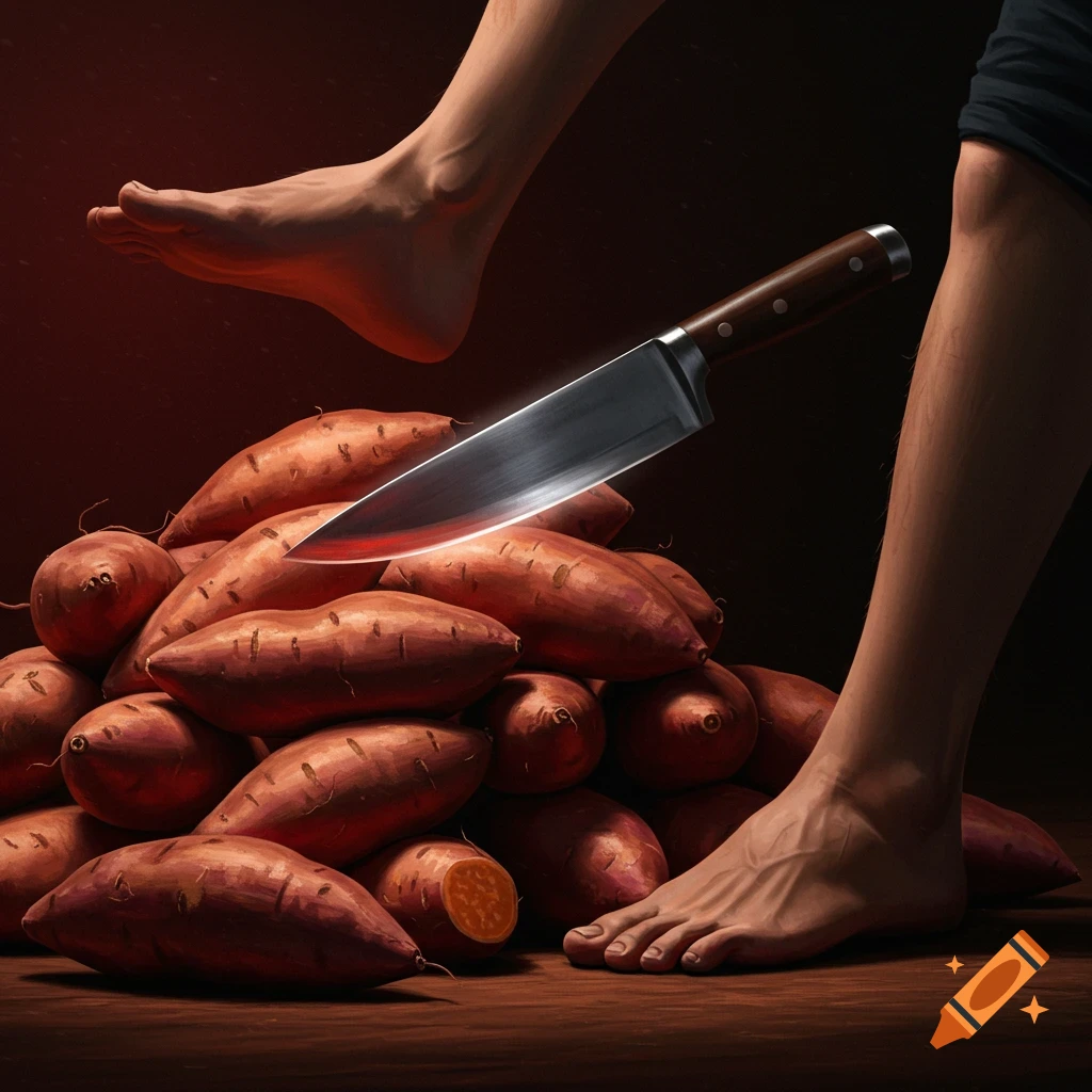 A knife dropping towards an ankle over a pile of sweet potatoes.