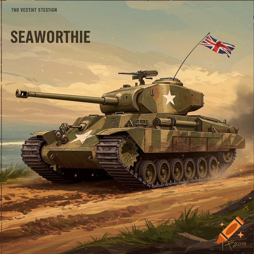 A green and brown camouflage tank with a Union Jack flag, named 'SEAWORTHIE', on a dirt road.