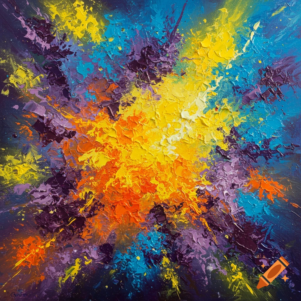 Abstract impasto painting with yellow, orange, purple, and blue colors exploding from the center.