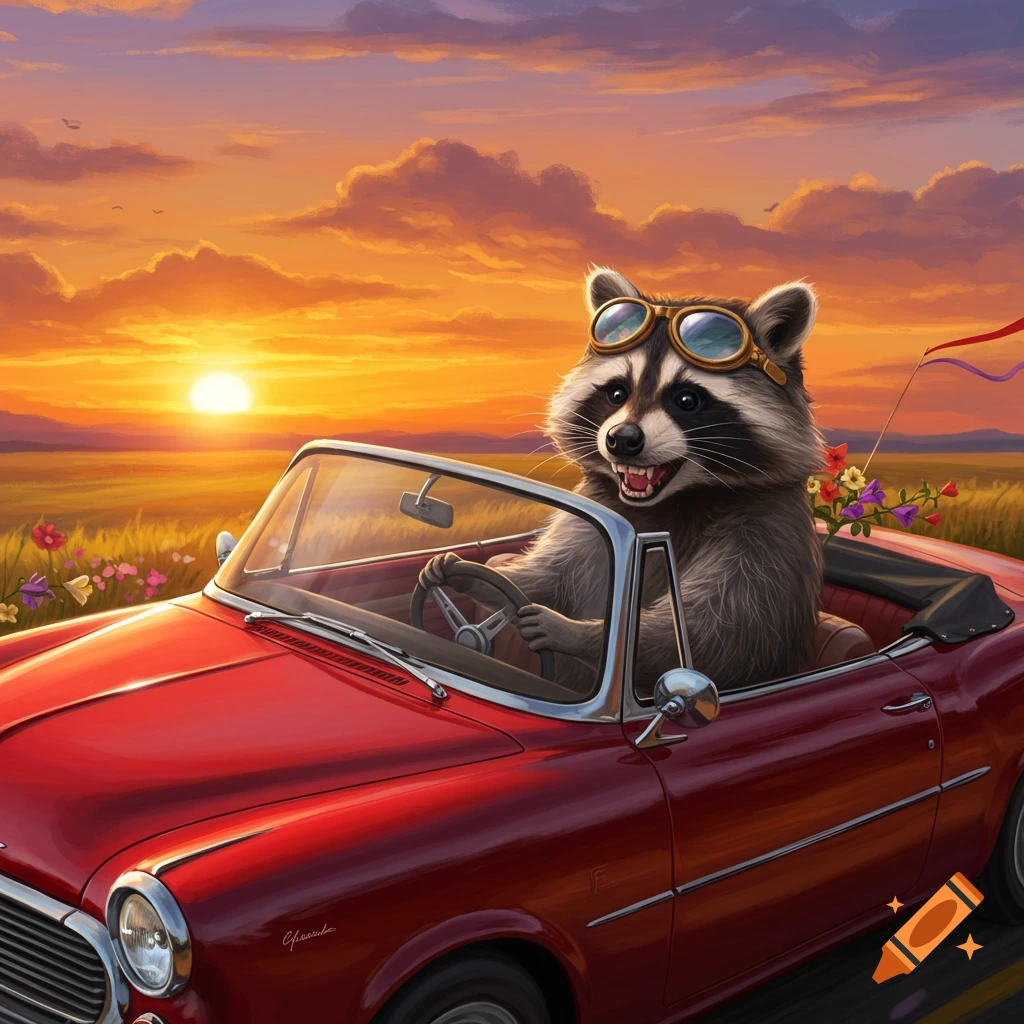 A raccoon wearing goggles drives a red convertible through a field at sunset.