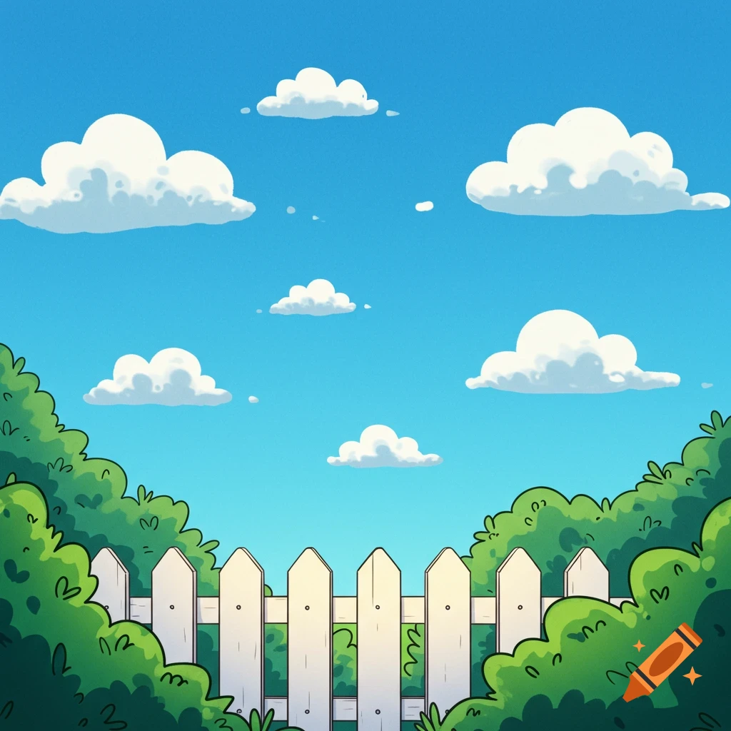 Cartoon landscape with a white picket fence, green bushes, and clouds in a blue sky.