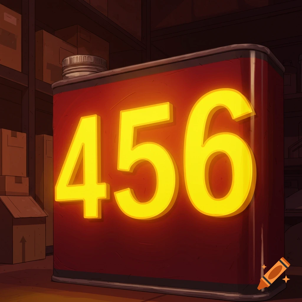 A red can with large glowing yellow numbers 456 in a storeroom, digital illustration style.