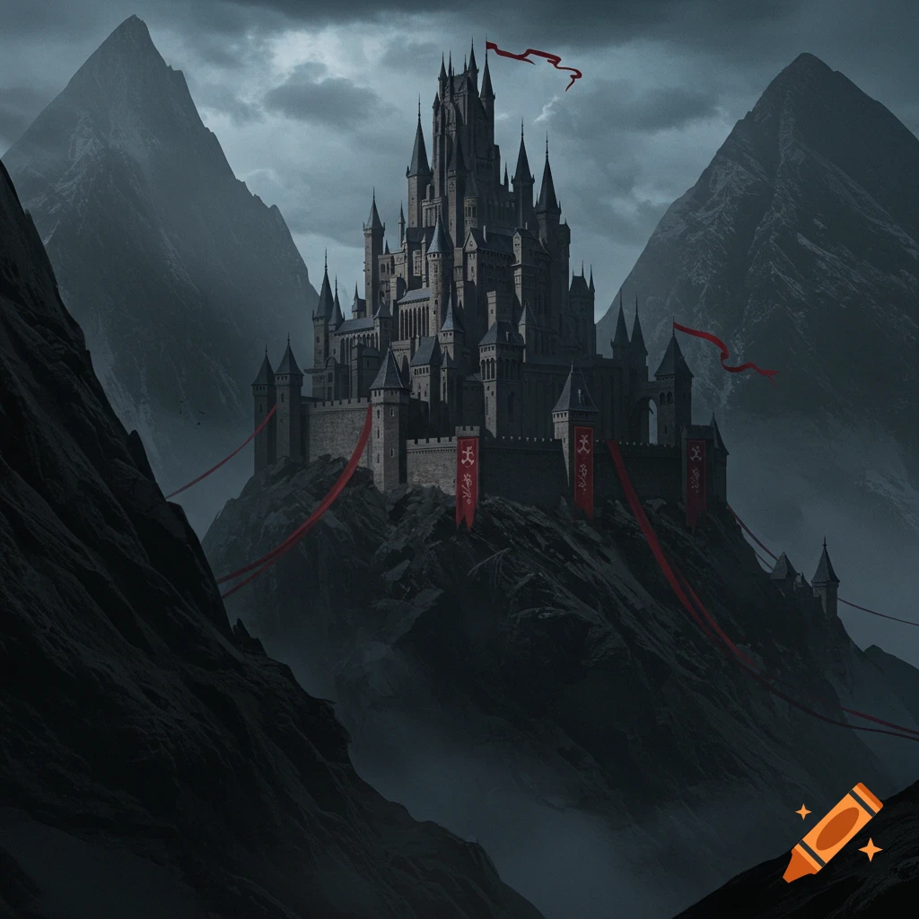A gothic castle with towers stands on a rocky mountain under a cloudy sky, with red banners.