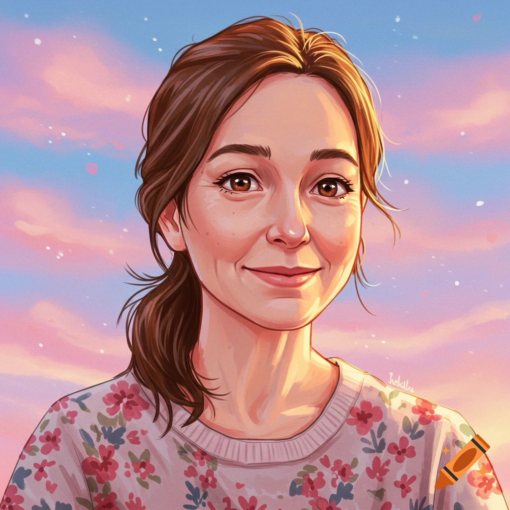 A smiling woman with brown hair in a ponytail, wearing a floral sweater, against a pink and blue sky.