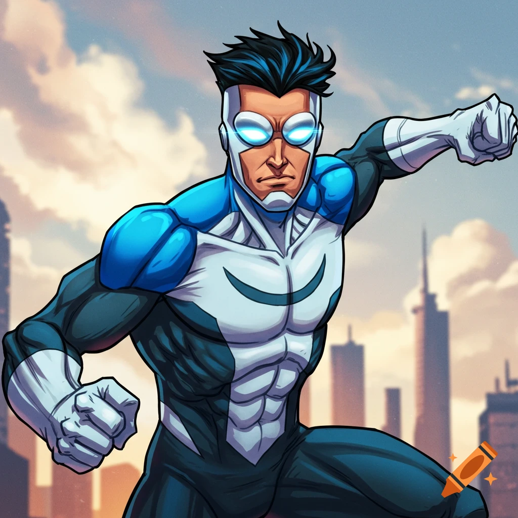 Comic art of a superhero in a blue and white suit with glowing eyes in an action pose over a city skyline.