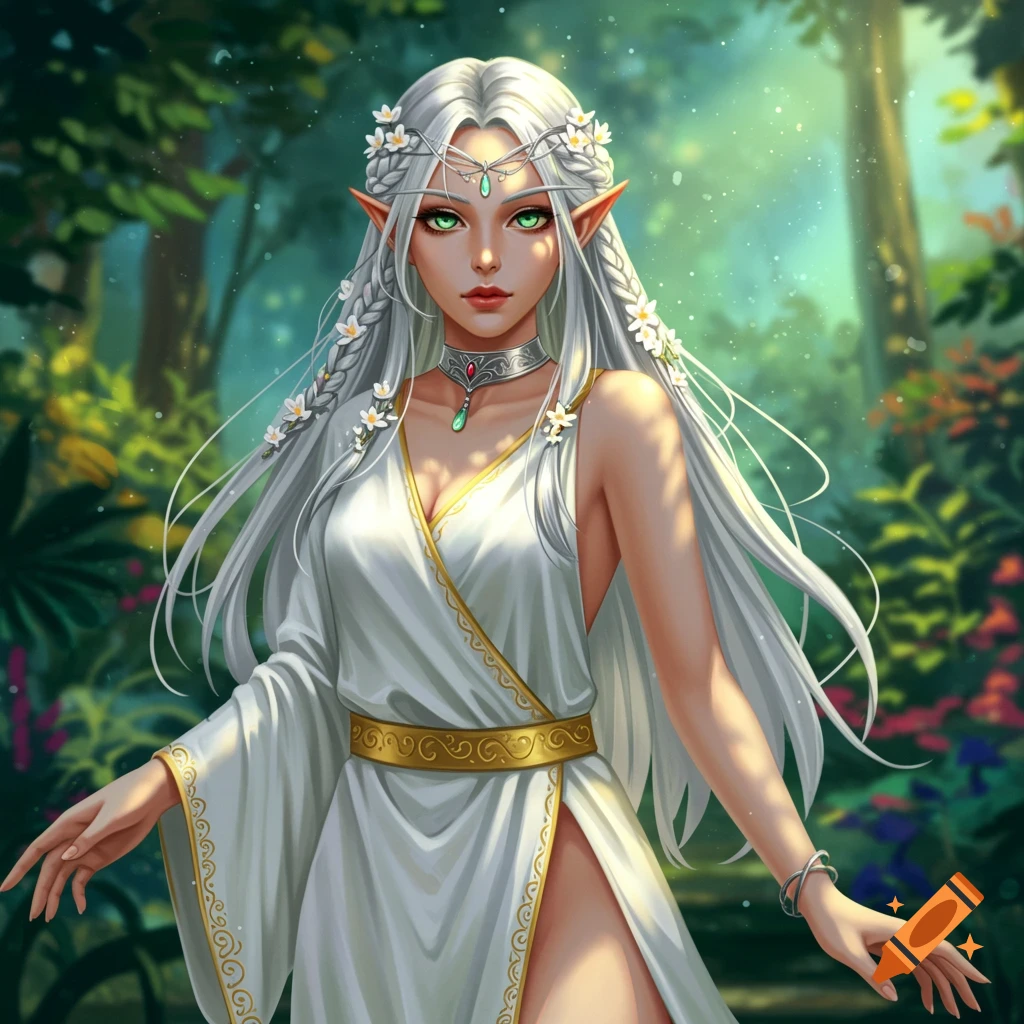 A woman with silver hair, green eyes, and a white dress is in a lush forest.