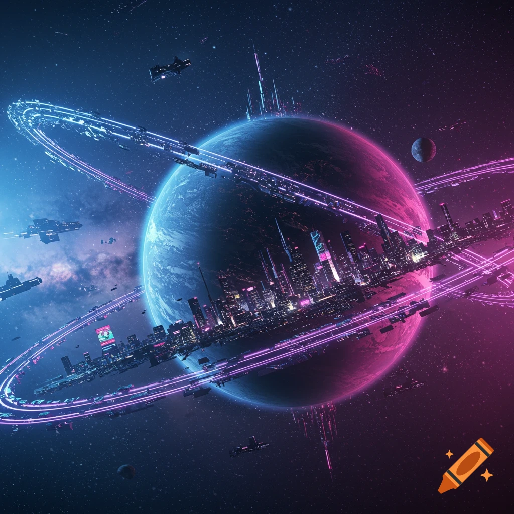 A future city built on a planet with artificial rings, lit by neon blue and pink lights in space.