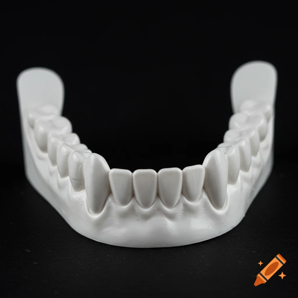 A pair of white plastic vampire fangs on a black background.