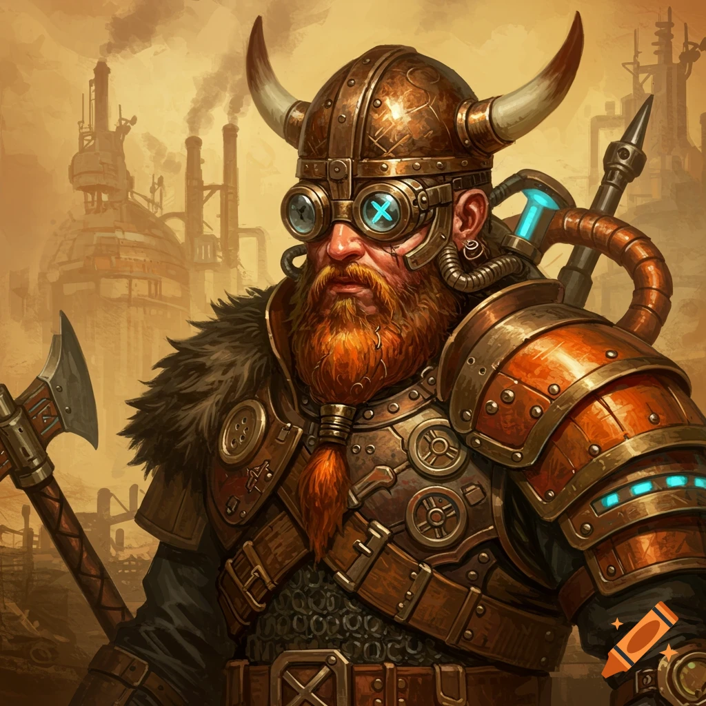 A dieselpunk viking warrior with a horned helmet, goggles, detailed armor, and an axe against an industrial background.