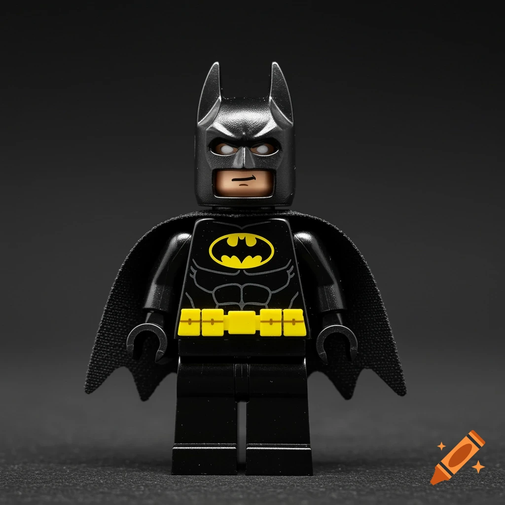 Detailed studio shot of a LEGO Batman minifigure against a dark background.