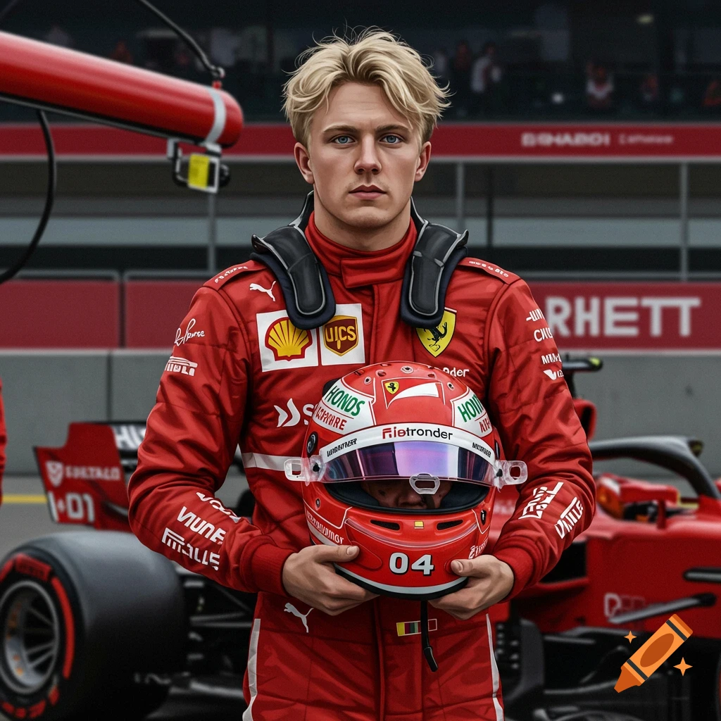 Blonde F1 driver in red suit holding helmet at a pit stop.
