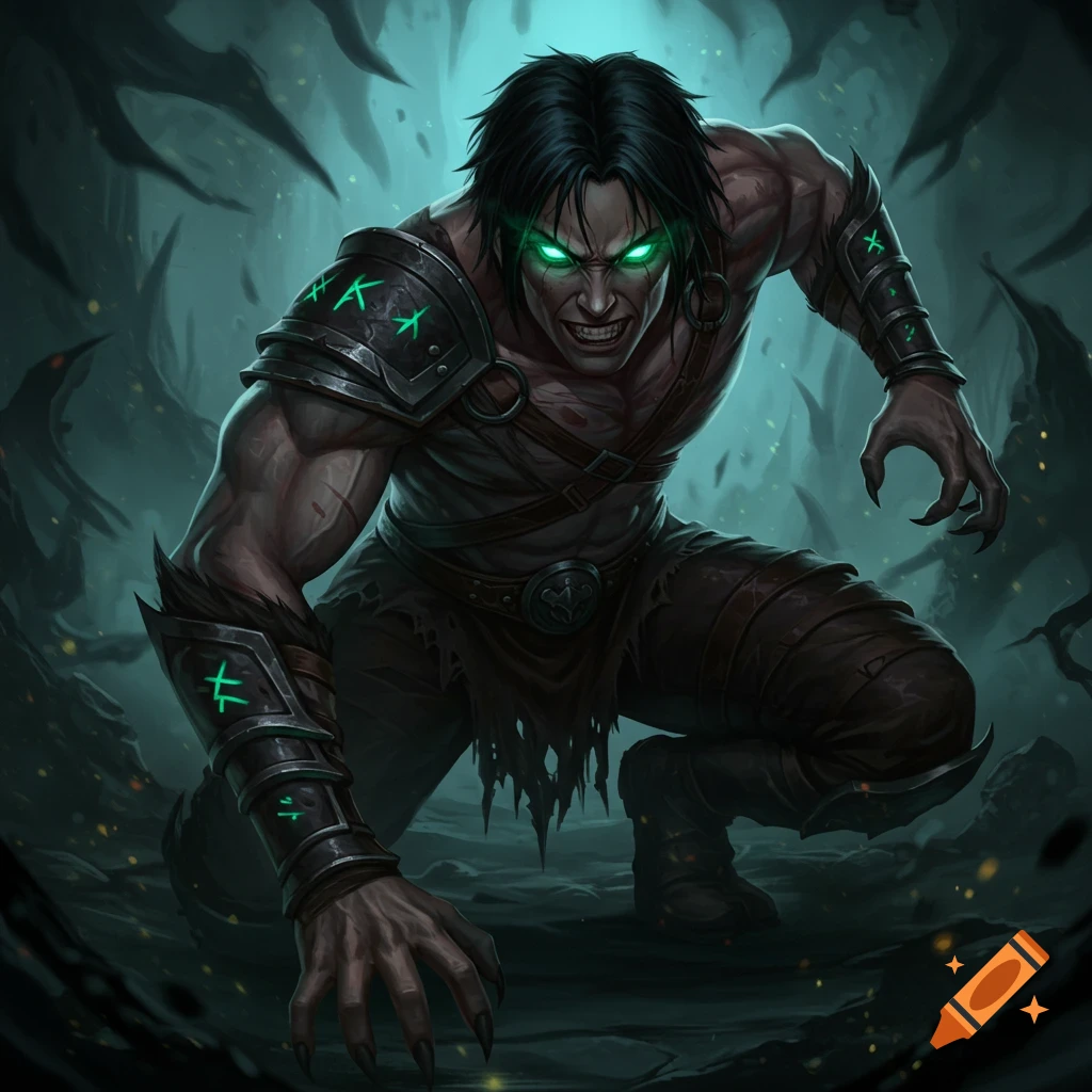 A dark fantasy warrior is crouched, with glowing green eyes and clawed hands, in a dark setting.