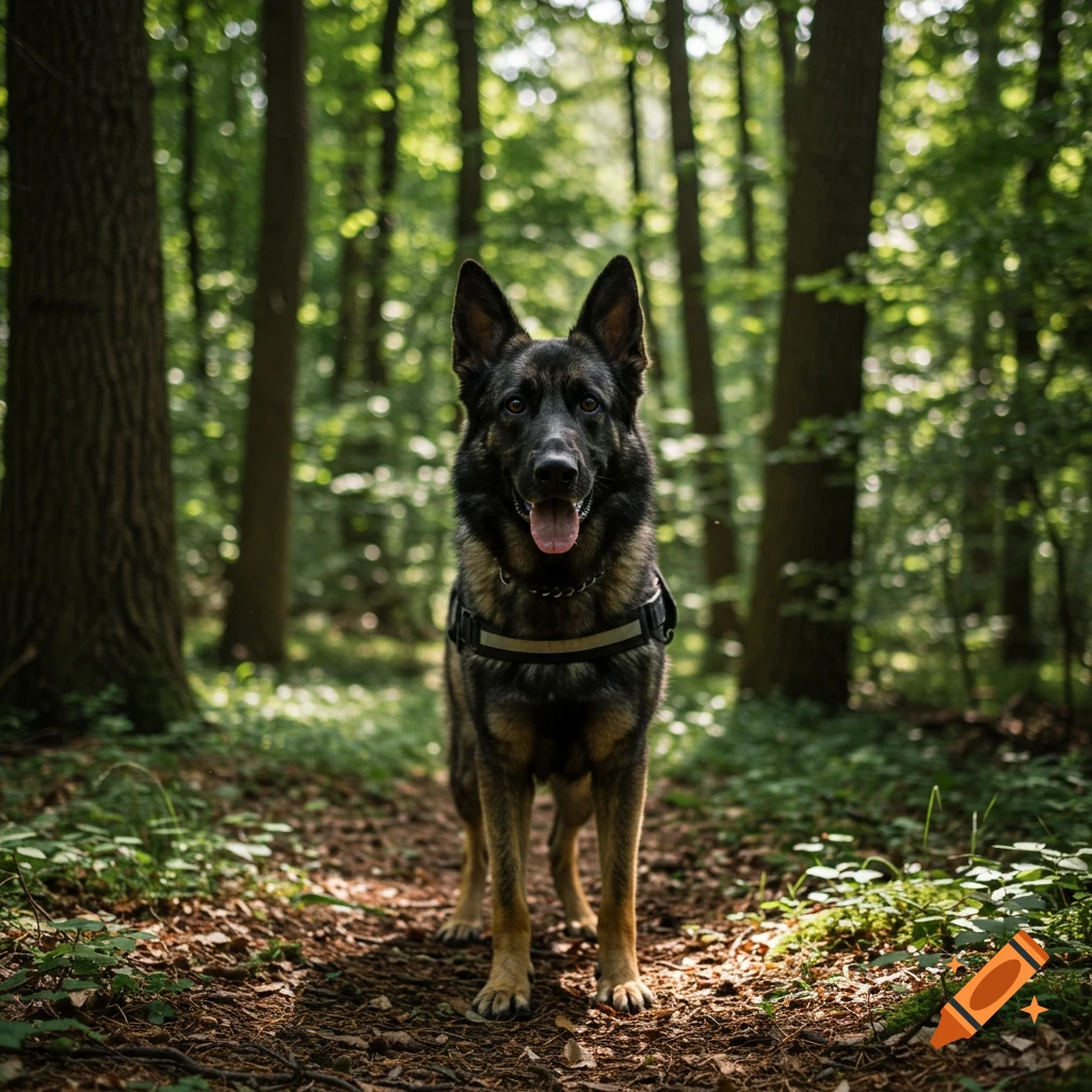 A German Shepherd dog stands on a forest path.