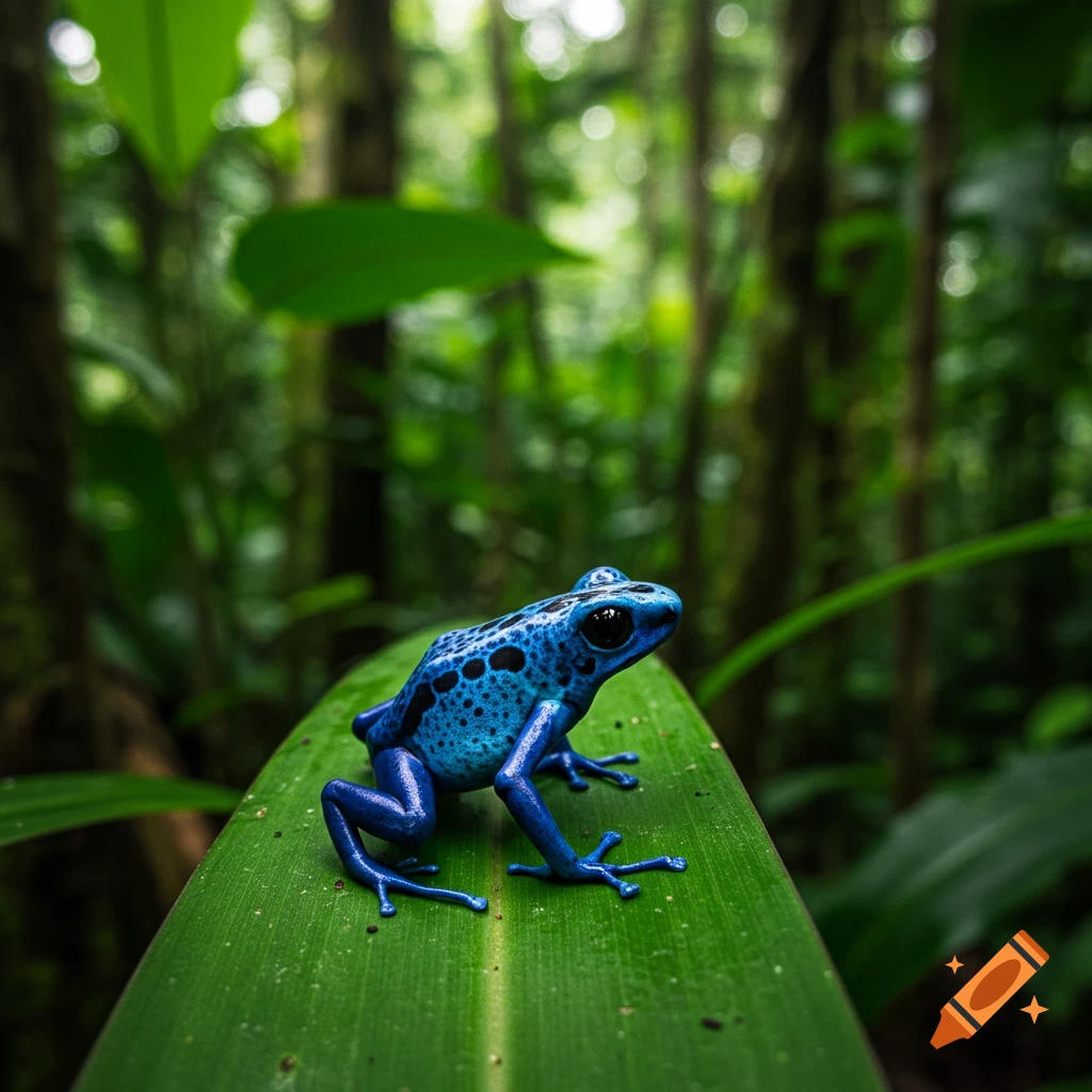 A vibrant blue poison dart frog sits on a large green leaf in a lush rainforest.