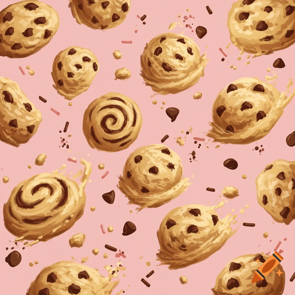 Cookie dough, chocolate chips, and sprinkles flying on a pink background.
