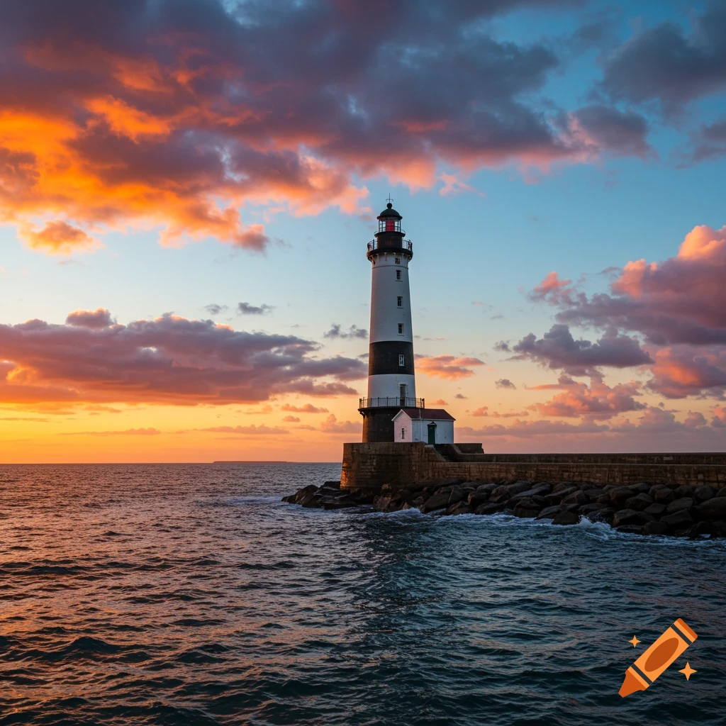 A lighthouse stands on a rocky breakwater at sunset, with orange clouds in the sky and waves crashing.