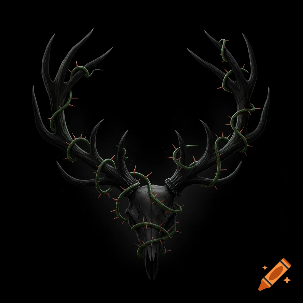 A dark deer skull with large antlers wrapped in green thorny vines on a black background.