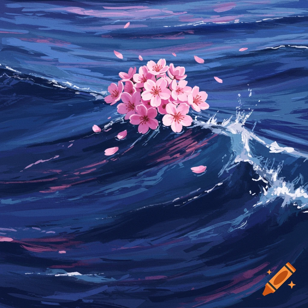 Pink sakura flowers floating on dark blue waves.