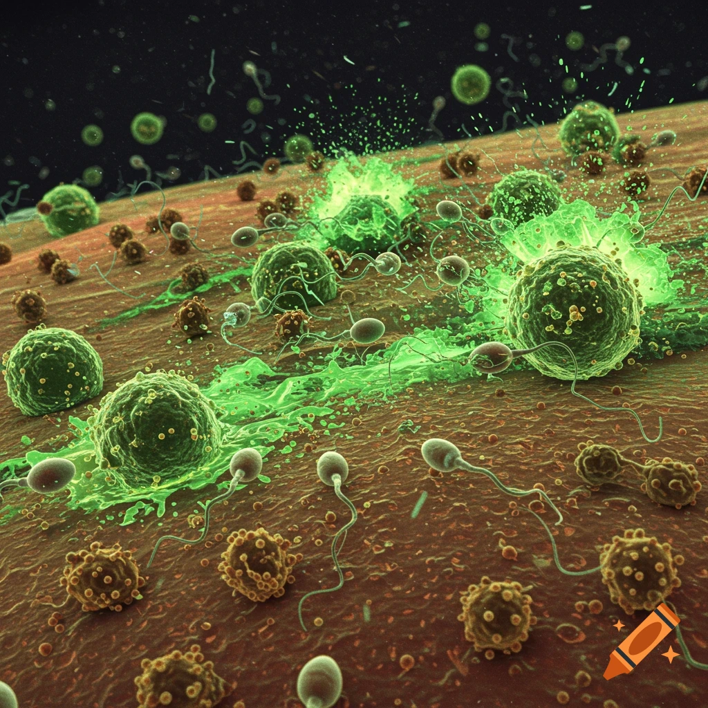 Microscopic view of sperm-like cells interacting with green fluid on a textured surface.