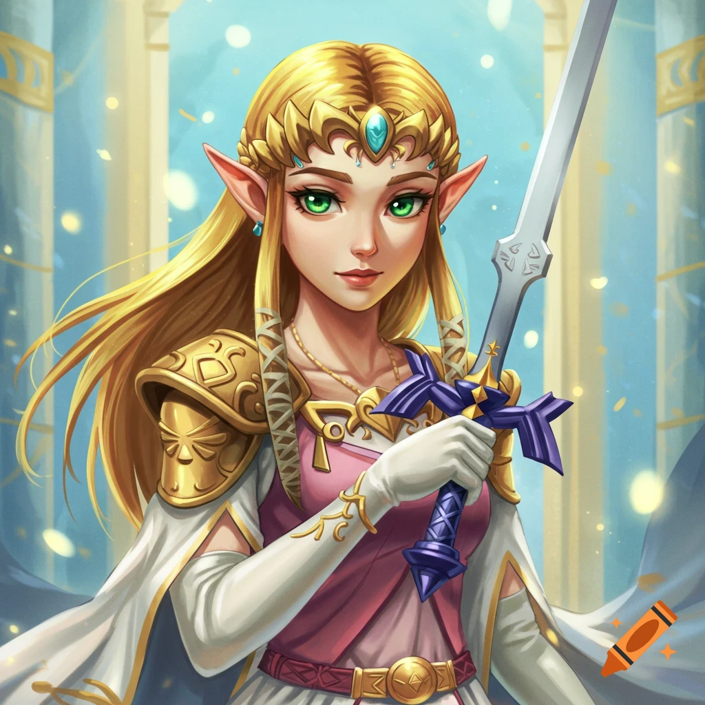 Zelda holding a sword in a bright fantasy setting