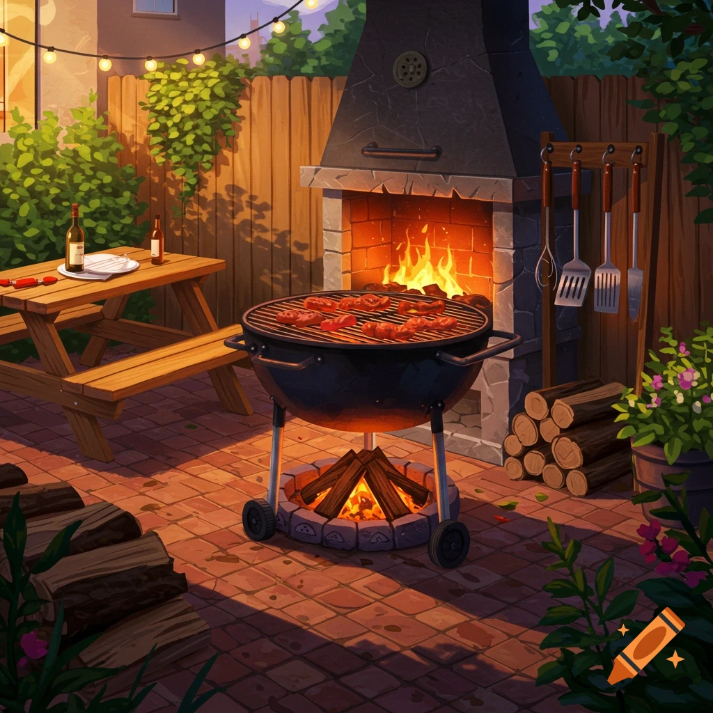 A backyard barbecue area with a grill full of meat, a fireplace, picnic table, and logs.