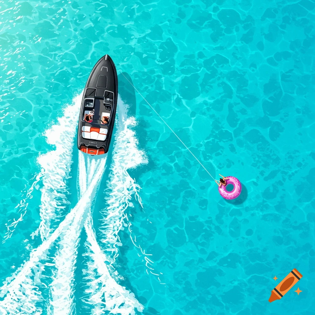Aerial view of a speed boat pulling a person on a pink floatie in blue water.