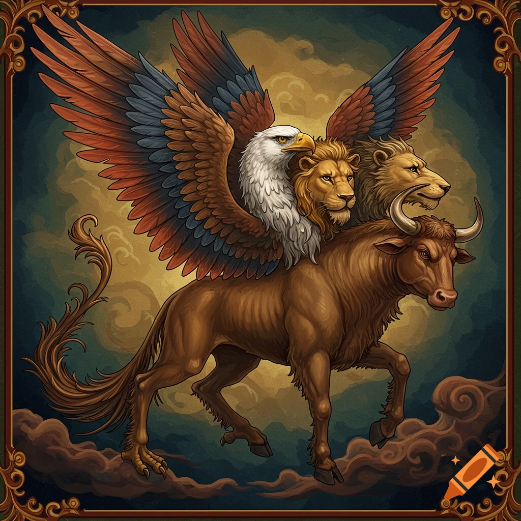A mythical creature with a bull body, multiple lion heads, and eagle wings, standing on clouds.
