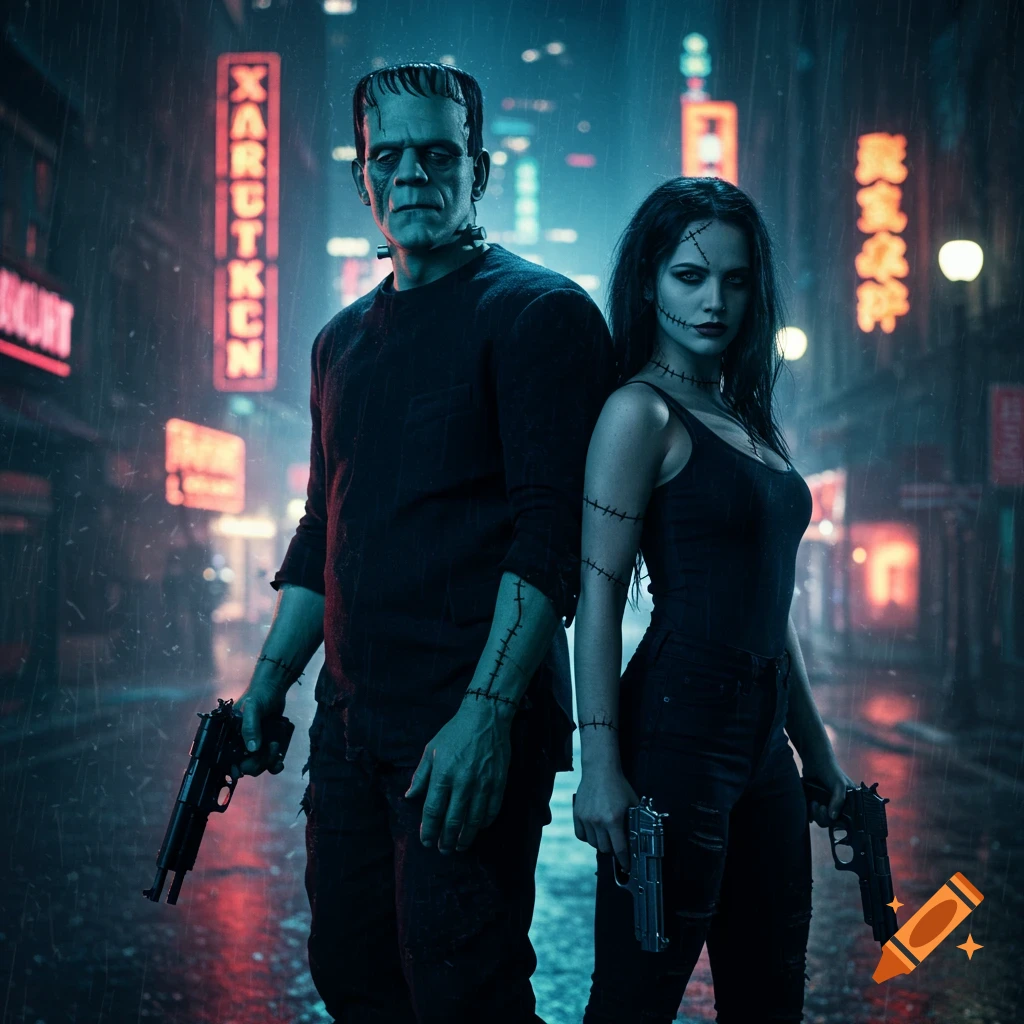 Frankenstein and a female monster stand back-to-back, holding guns in a rainy cyberpunk city street.