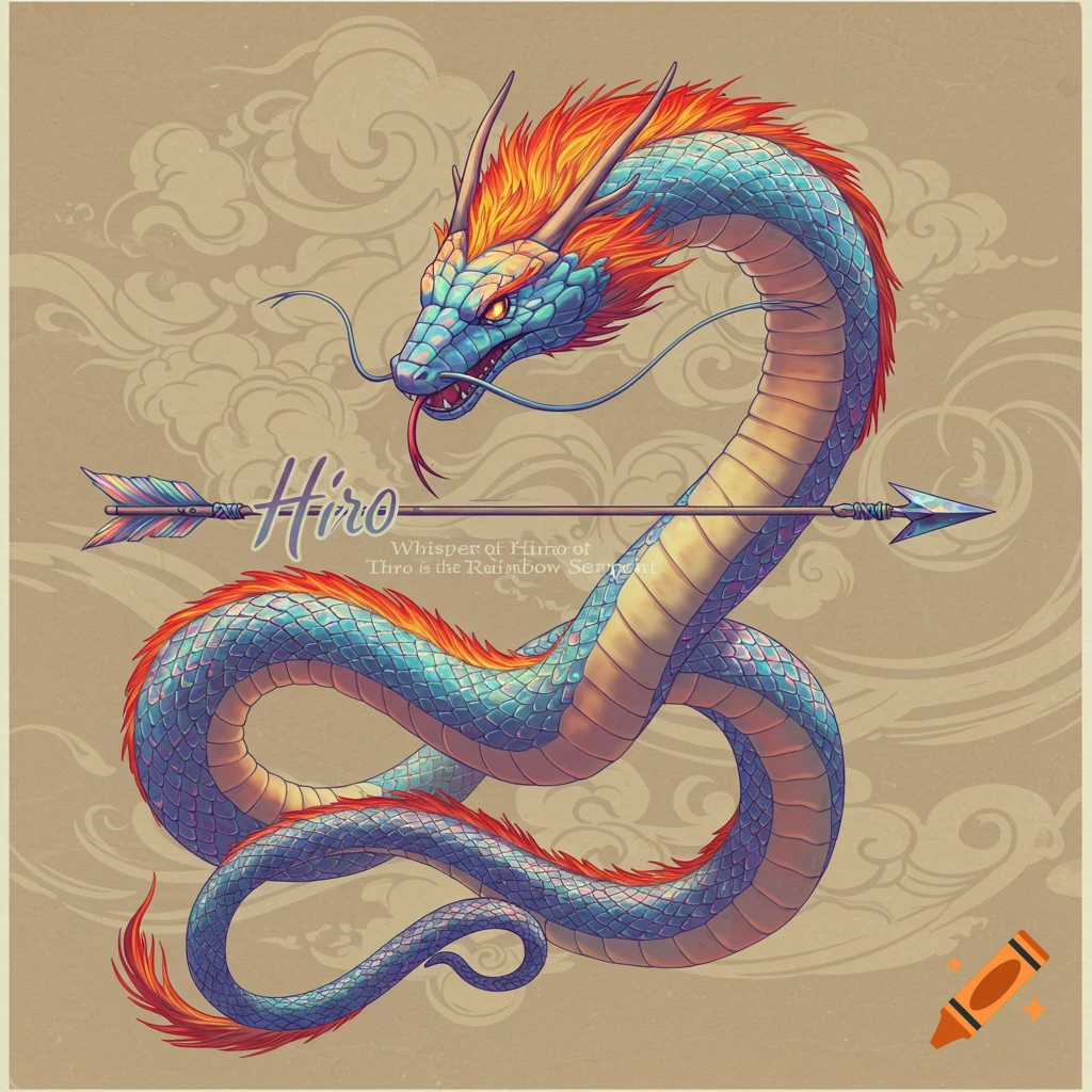 A blue and orange dragon wrapped around an arrow with text.