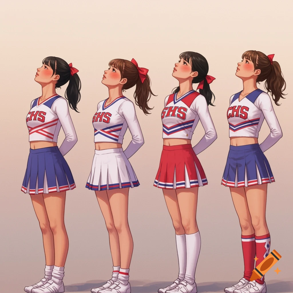 Four young women in cheerleader uniforms looking up, digital art.